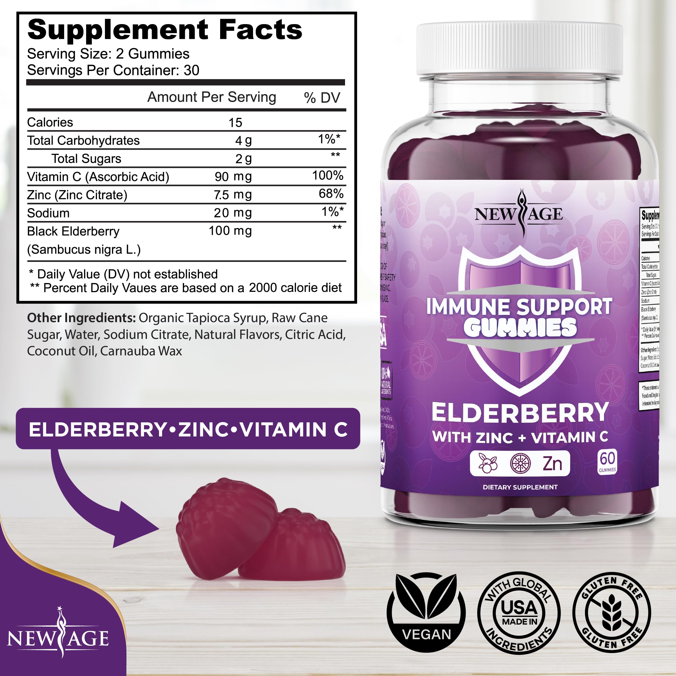 NEW AGE elderberry gummies berry flavor close-up highlights tasty daily immunity routine.