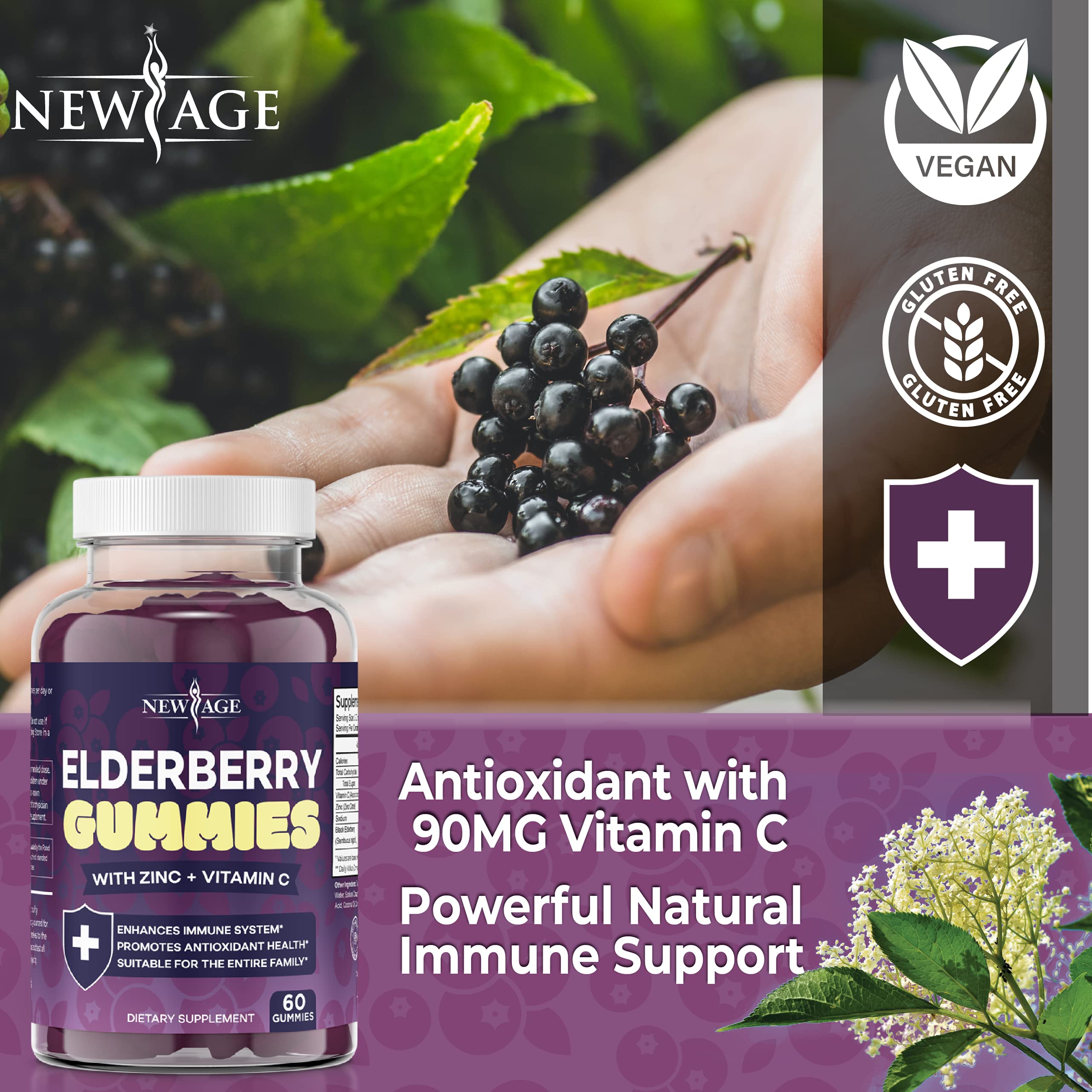 New Age Elderberry Gummies label featuring vitamin C and zinc details