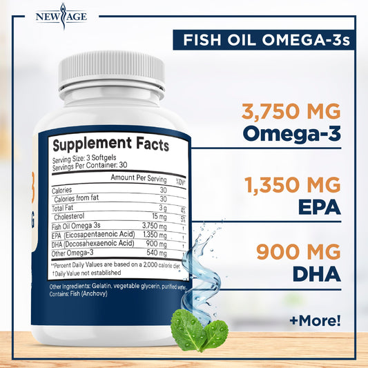 NEW AGE omega-3 capsules showing high EPA and DHA per serving