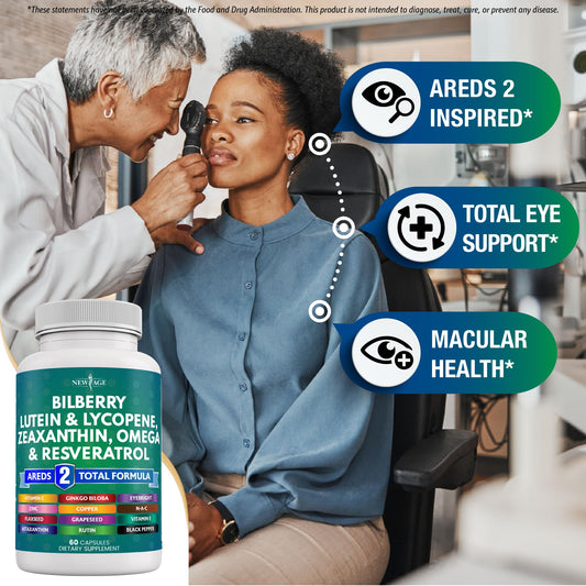 New Age Eye Health capsules close-up shows smooth, easy-to-swallow texture for daily intake