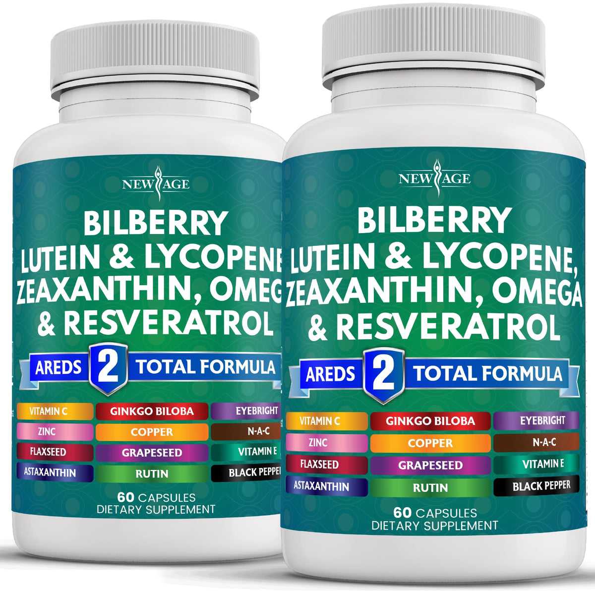 NEW AGE Eye Vitamins bottle front highlighting bilberry and lutein for everyday eye health.