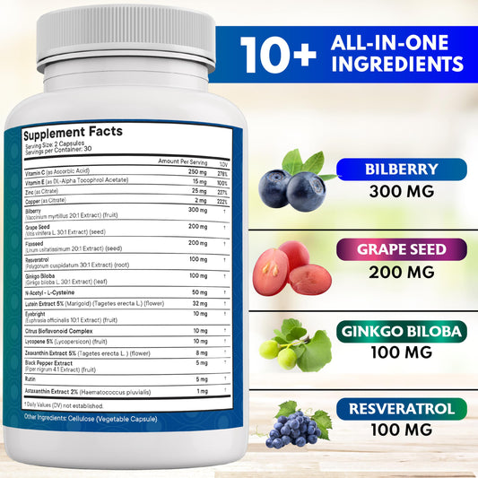 NEW AGE Eye Vitamins capsules close-up show antioxidant blend for eye support.