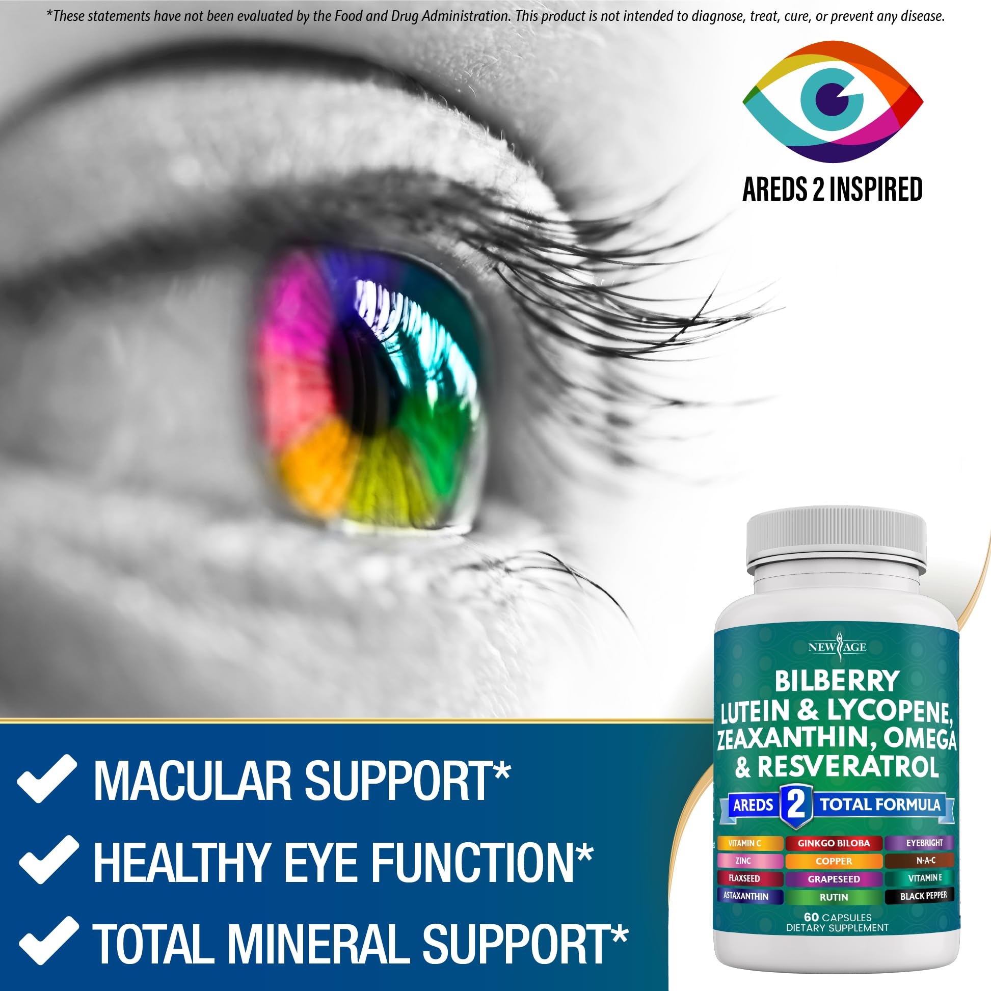 NEW AGE Eye Vitamins on white surface with bilberry illustration.