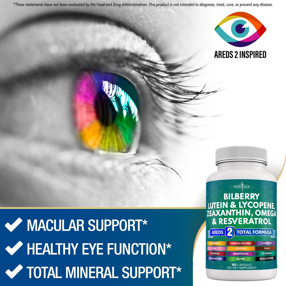 NEW AGE Eye Vitamins on white surface with bilberry illustration.