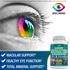 NEW AGE Eye Vitamins on white surface with bilberry illustration.