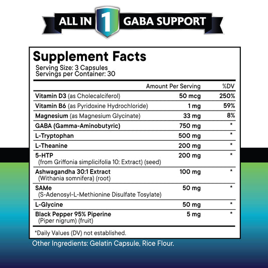 New Age GABA All-In-1 capsules closeup highlights high-dose GABA and L-Theanine.