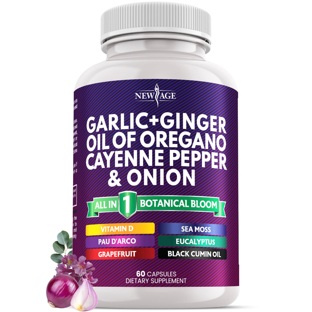 NEW AGE Garlic + Ginger Supplement bottle for daily immune-support routines.