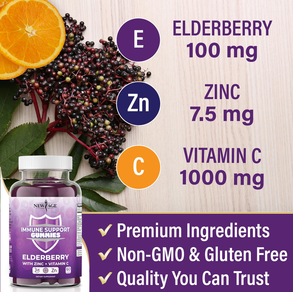 NEW AGE gummies bottle label detail shows third-party tested quality and all-natural formulation.