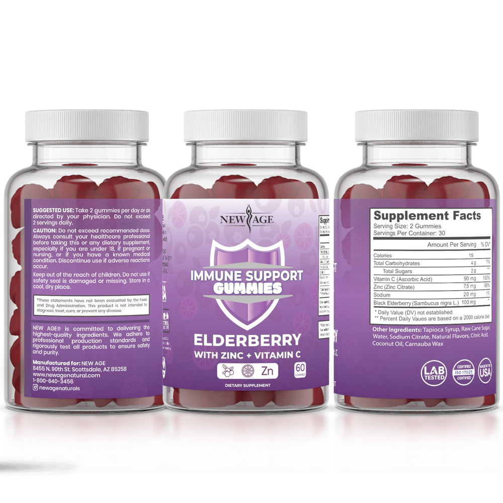 NEW AGE gummies pour serving scene suggests easy daily intake.
