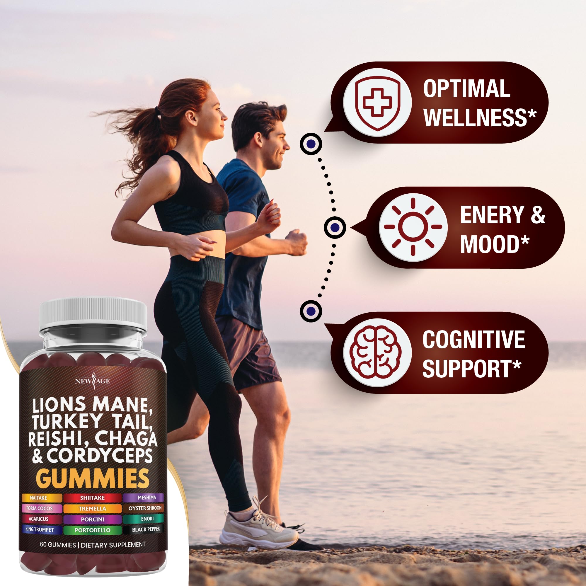 NEW AGE Lions Mane gummies label detail showing Reishi and Cordyceps blend.