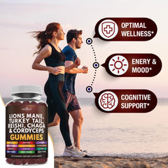 NEW AGE Lions Mane gummies label detail showing Reishi and Cordyceps blend.