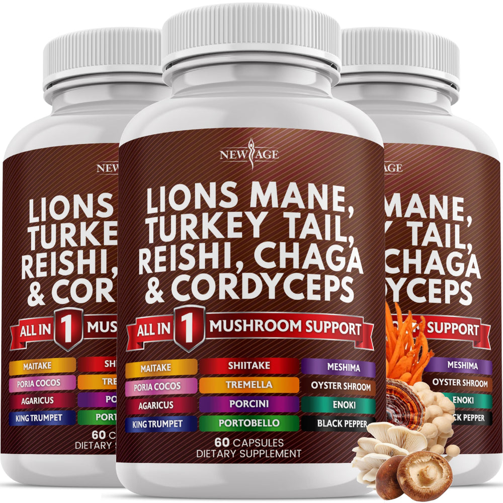 NEW AGE Lions Mane Mushroom supplement bottle shown for daily focus and clarity