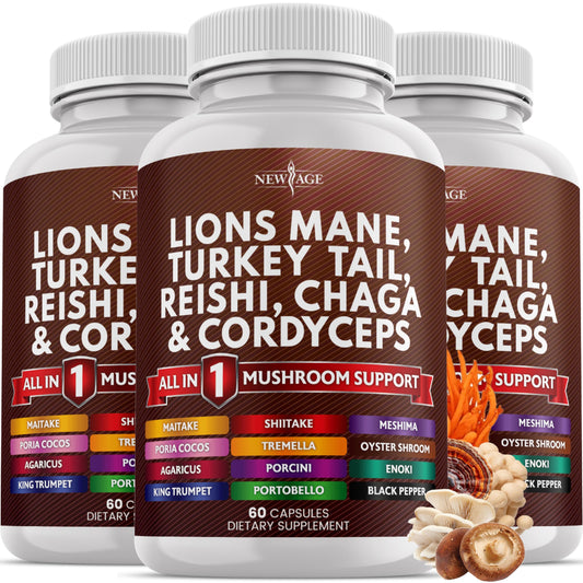 NEW AGE Lions Mane Mushroom supplement bottle shown for daily focus and clarity