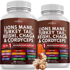 NEW AGE Lions Mane bottle with focus-support label