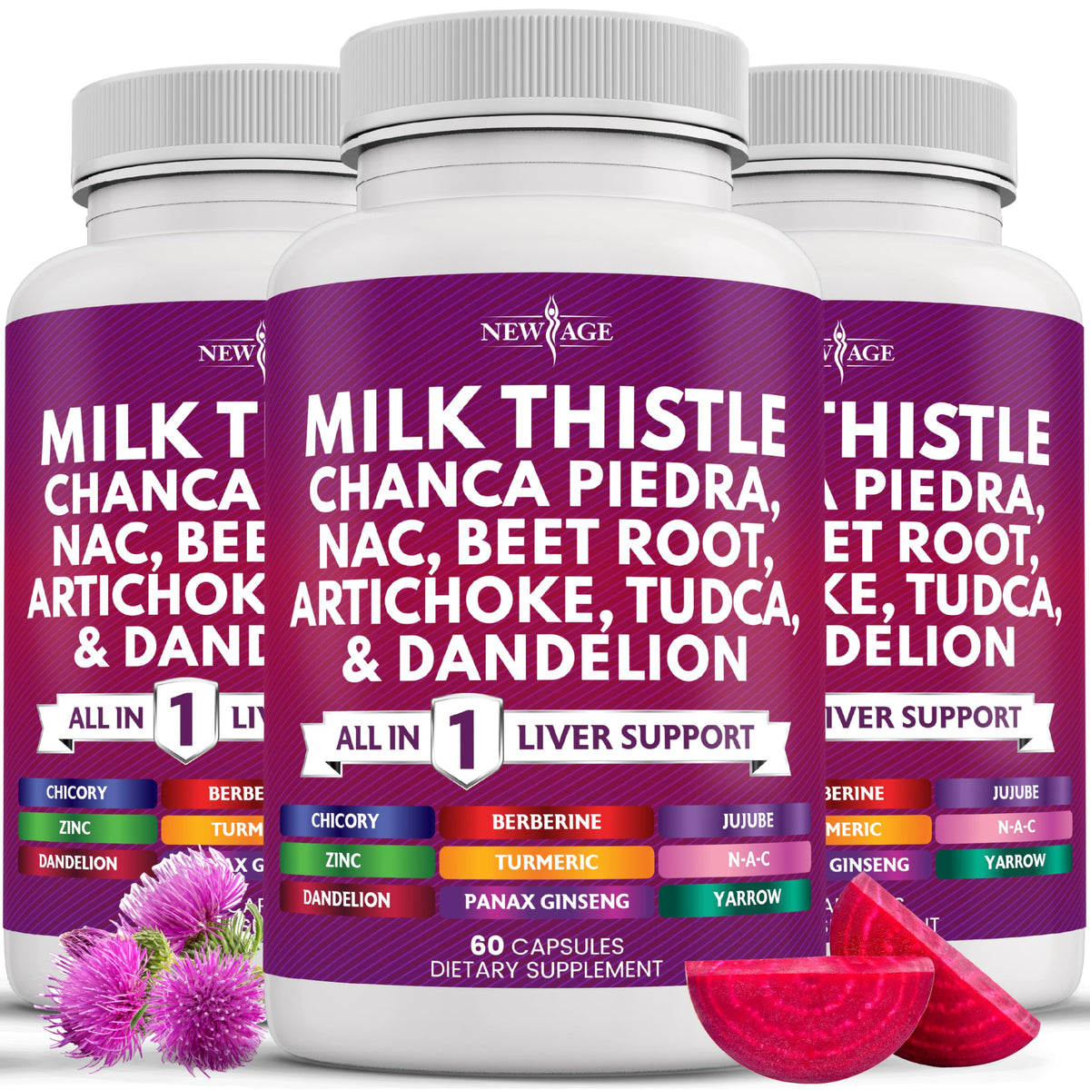NEW AGE liver support bottle capsules for daily detox potential.