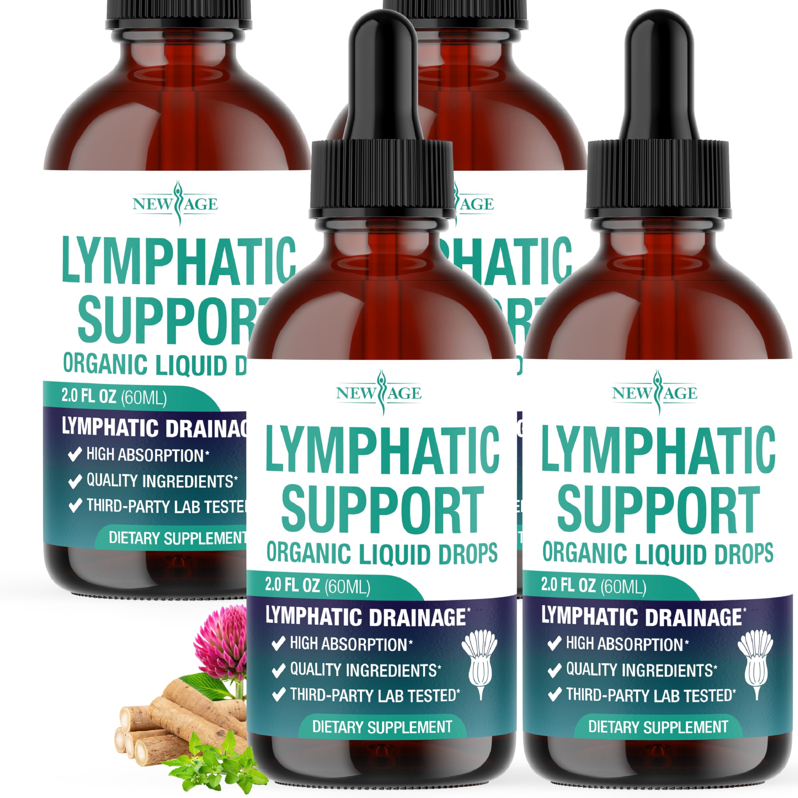 New Age Lymphatic Drainage Drops bottle on white background highlighting the all-in-one formula