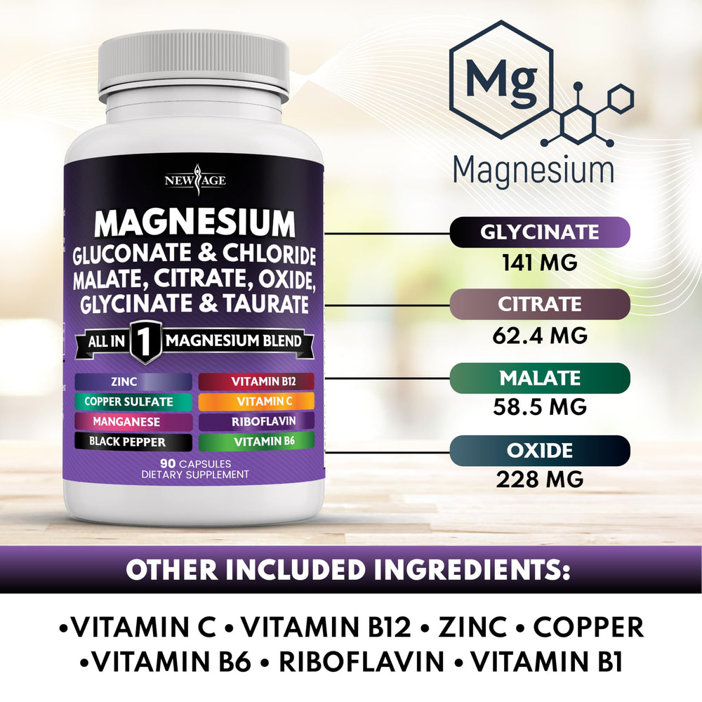 New Age magnesium complex forms label showing nine magnesium types.