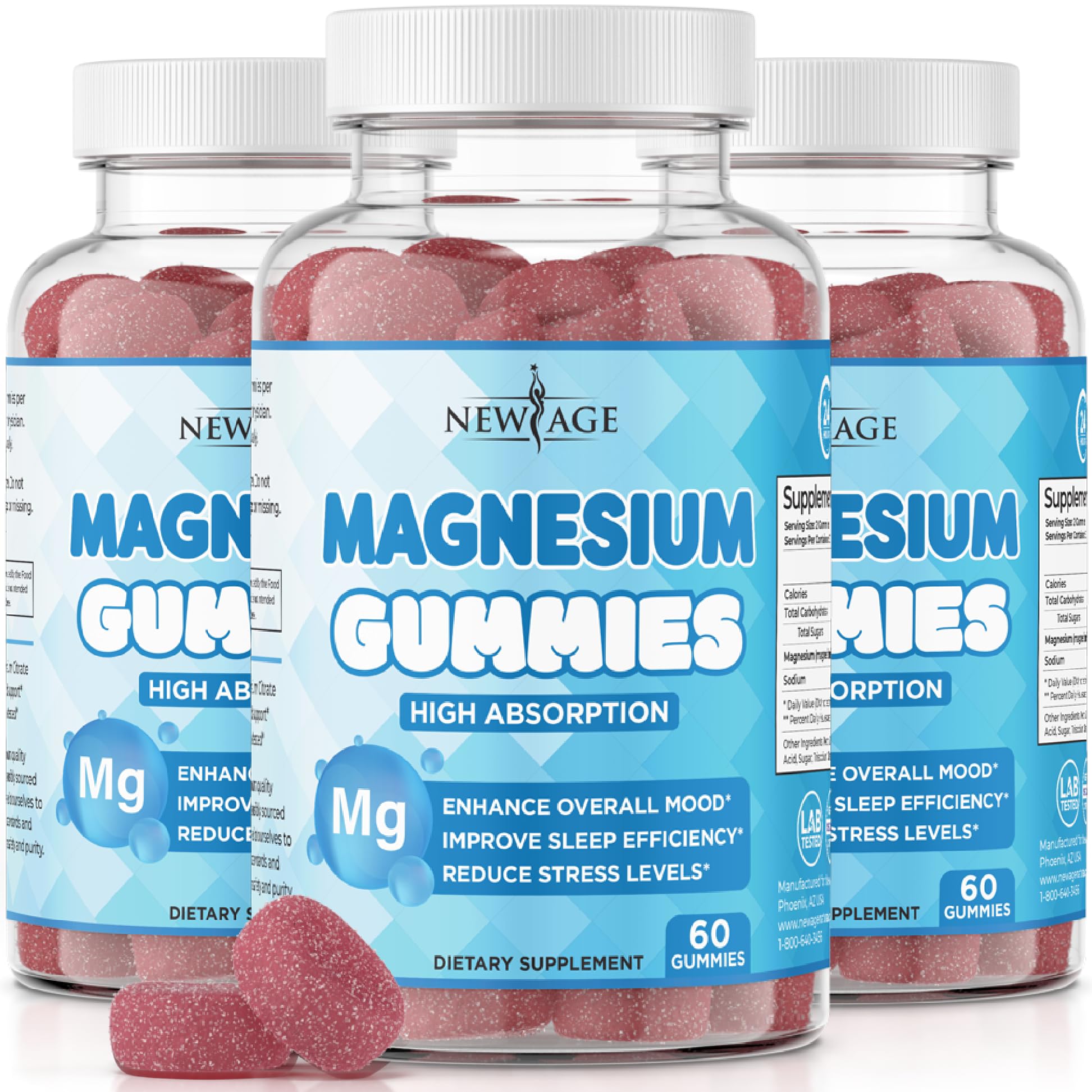 New Age Magnesium Gummies bottle front view; easy daily use for the family.