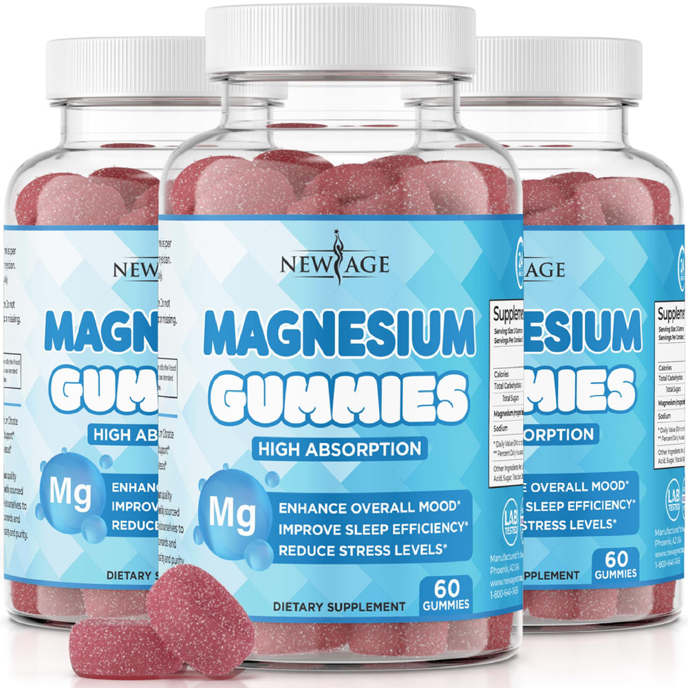 New Age Magnesium Gummies bottle front view; easy daily use for the family.