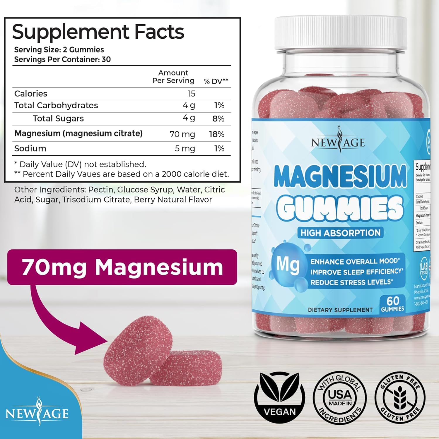 New Age Magnesium Gummies label closeup highlighting purity and third-party testing.