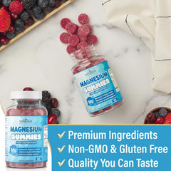 New Age Magnesium Gummies vegan gluten-free banner emphasizes allergen-free formula.
