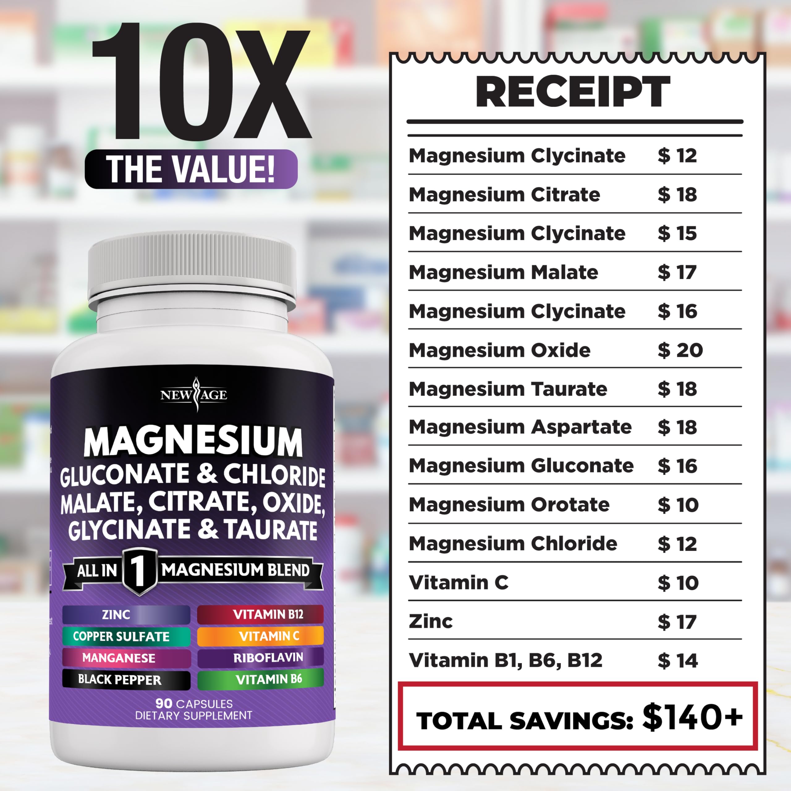 NEW AGE Magnesium supplement bottle front emphasizes the all-in-one magnesium blend for daily wellness.