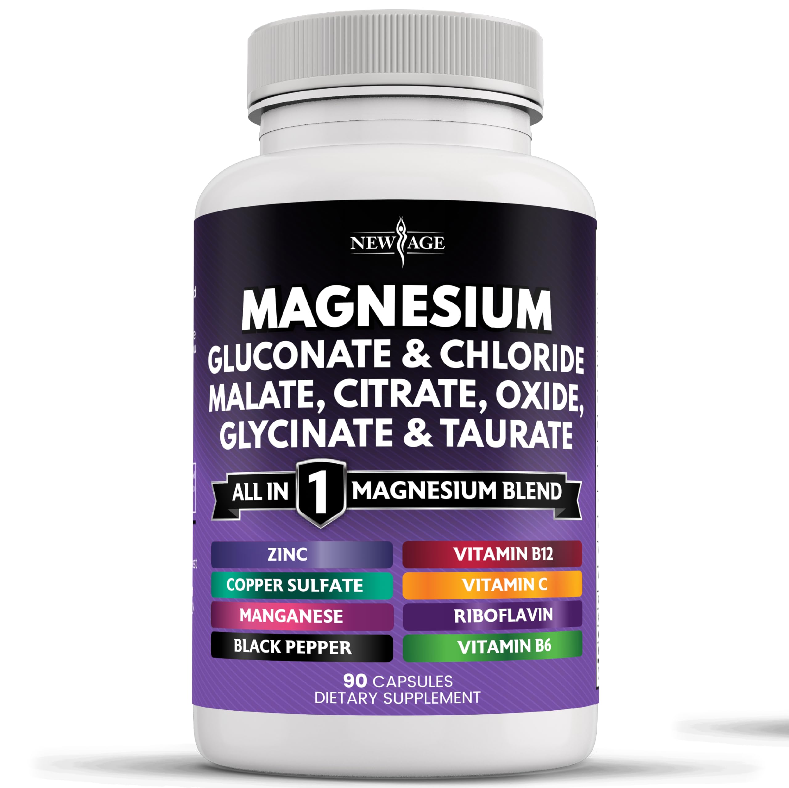 NEW AGE Magnesium supplement bottle label shows bone health support.