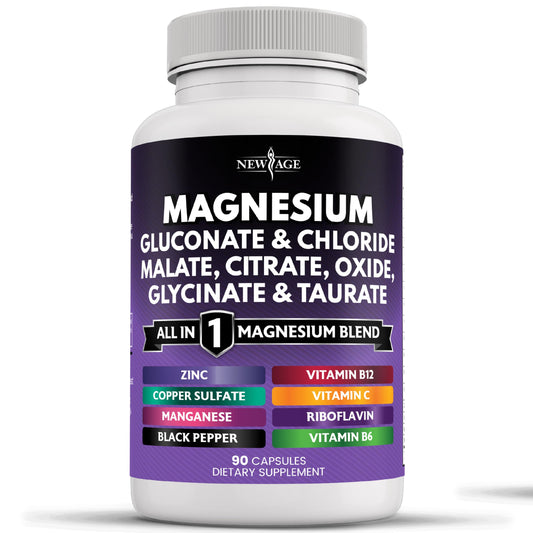 NEW AGE Magnesium supplement bottle label shows bone health support.