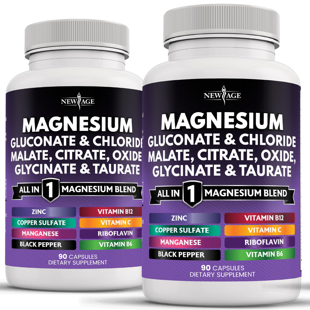 NEW AGE Magnesium supplement bottle pour shows an all-in-one daily joint support option.