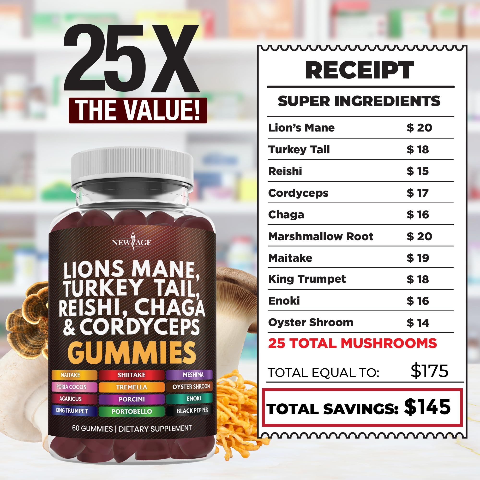 NEW AGE mushroom blend gummies bottle scene suggesting on-the-go wellness.
