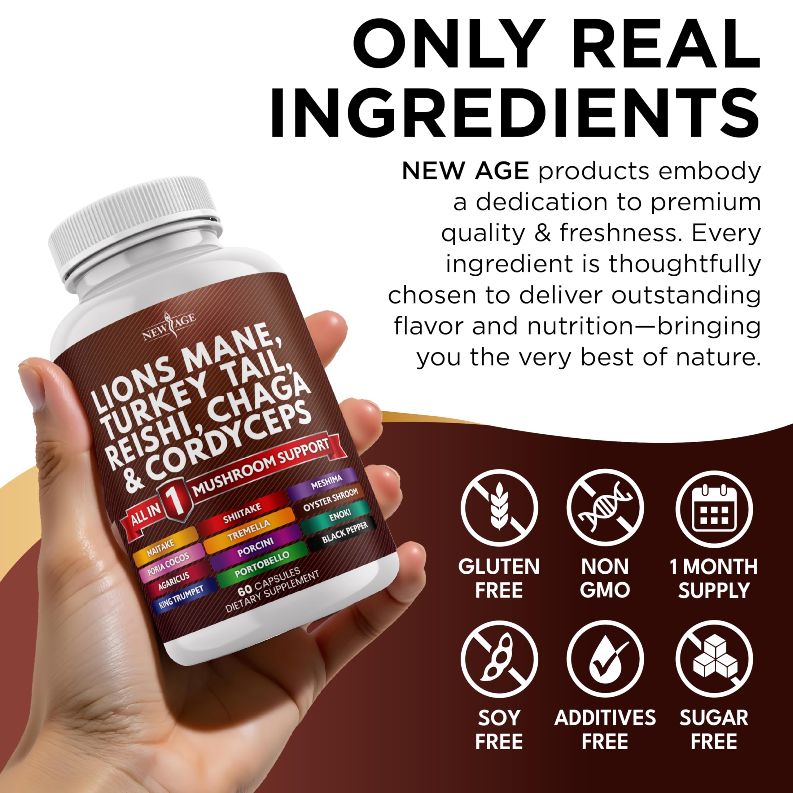 NEW AGE mushroom blend label emphasizes 20+ extracts