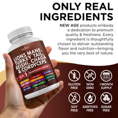 NEW AGE Mushroom complex ingredients list label emphasizing variety
