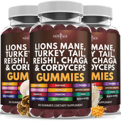 NEW AGE Lions Mane Gummies bottle front view for a convenient daily wellness routine.