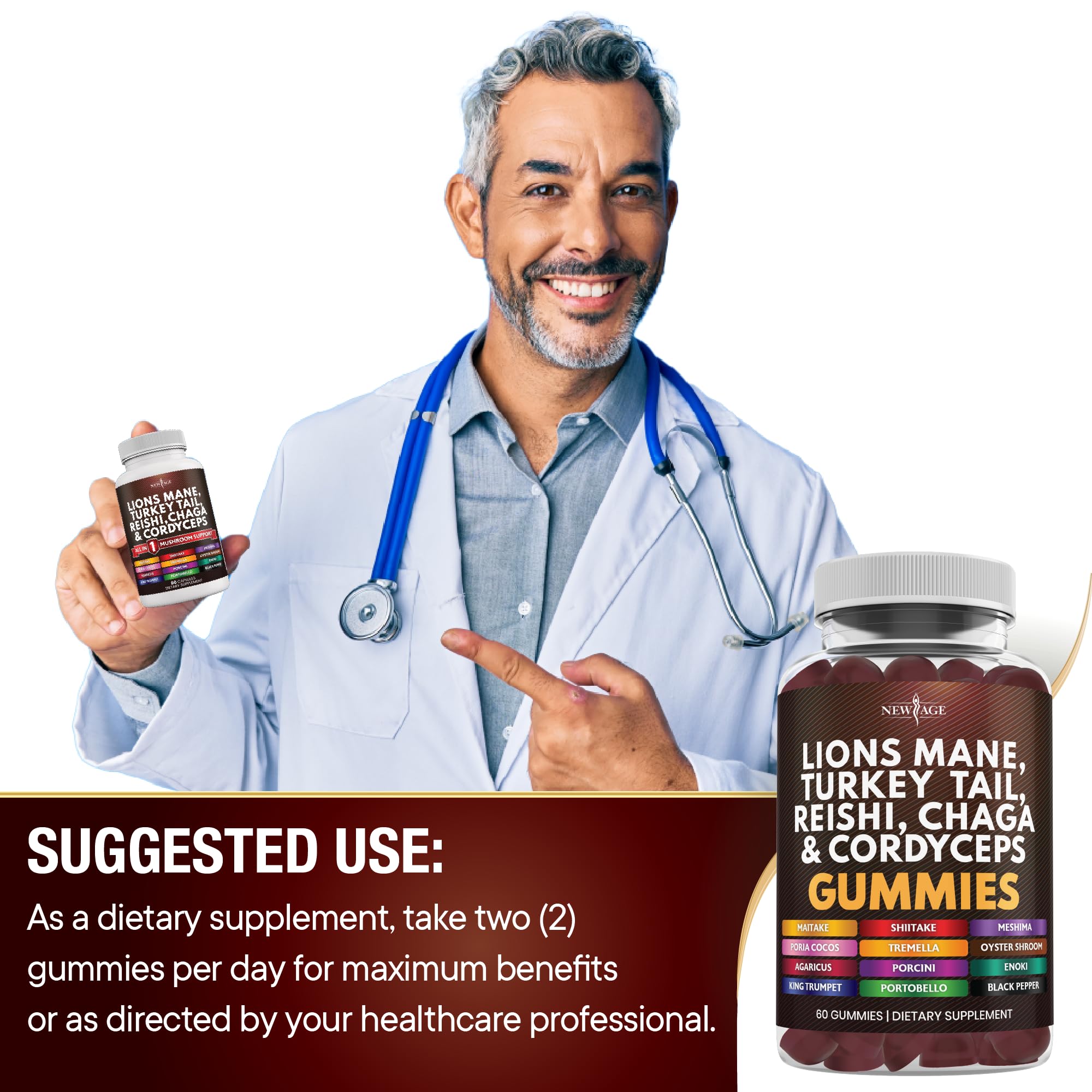 NEW AGE Lion's Mane gummies texture closeup highlights soft chewability and flavor