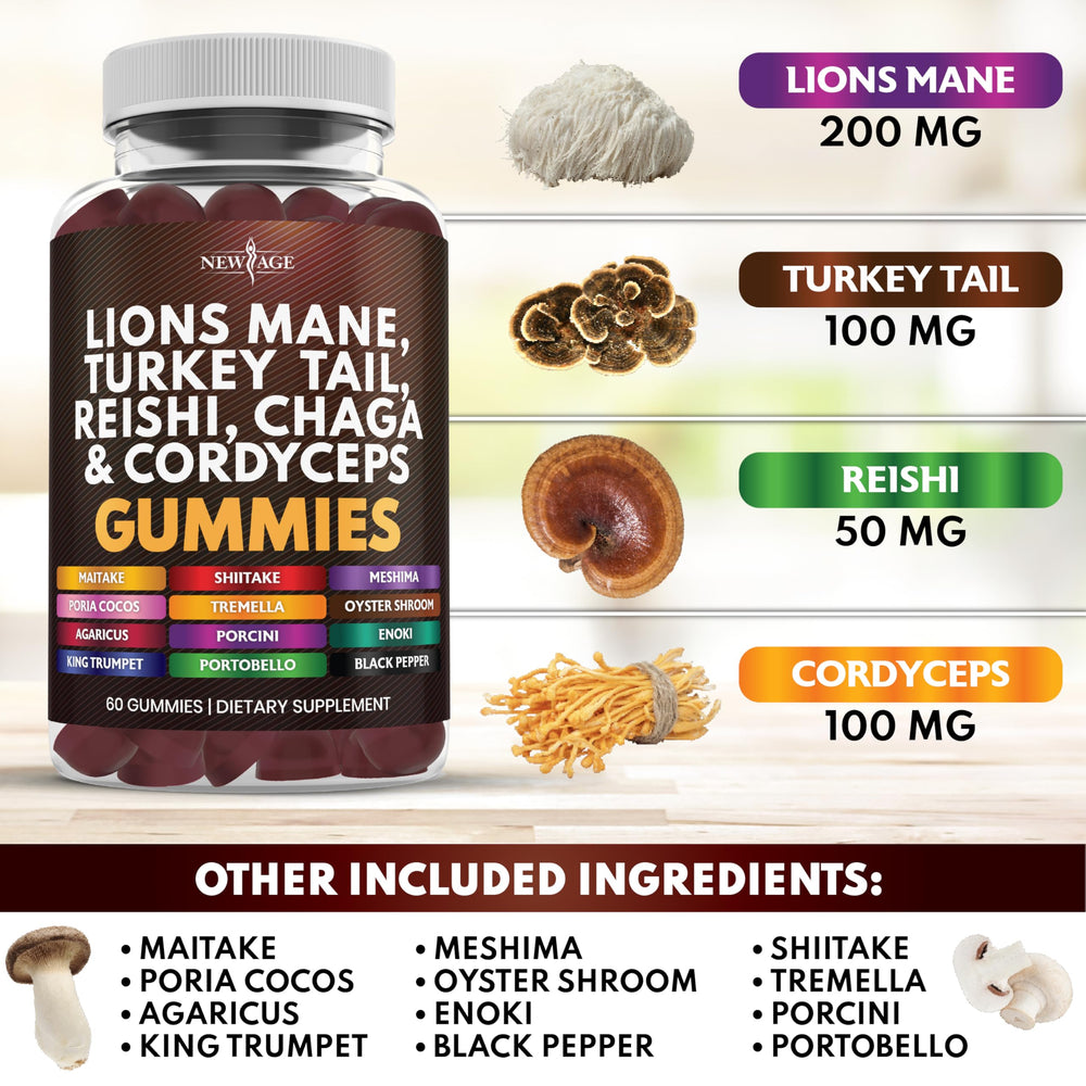 NEW AGE mushroom turkey tail gummies closeup emphasizes diverse mushrooms for overall wellness