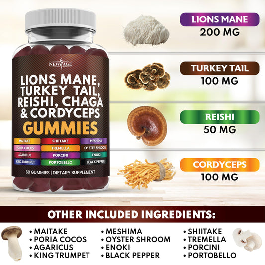 NEW AGE mushroom turkey tail gummies closeup emphasizes diverse mushrooms for overall wellness
