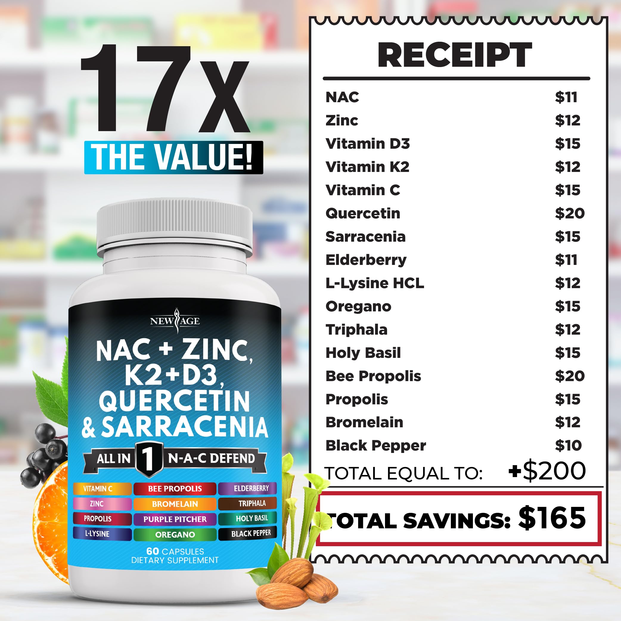 New Age NAC 18-ingredient all-in-one blend label focuses on comprehensive formulation