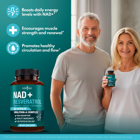 Close-up of New Age NAD capsules highlighting vegan, non-GMO formula