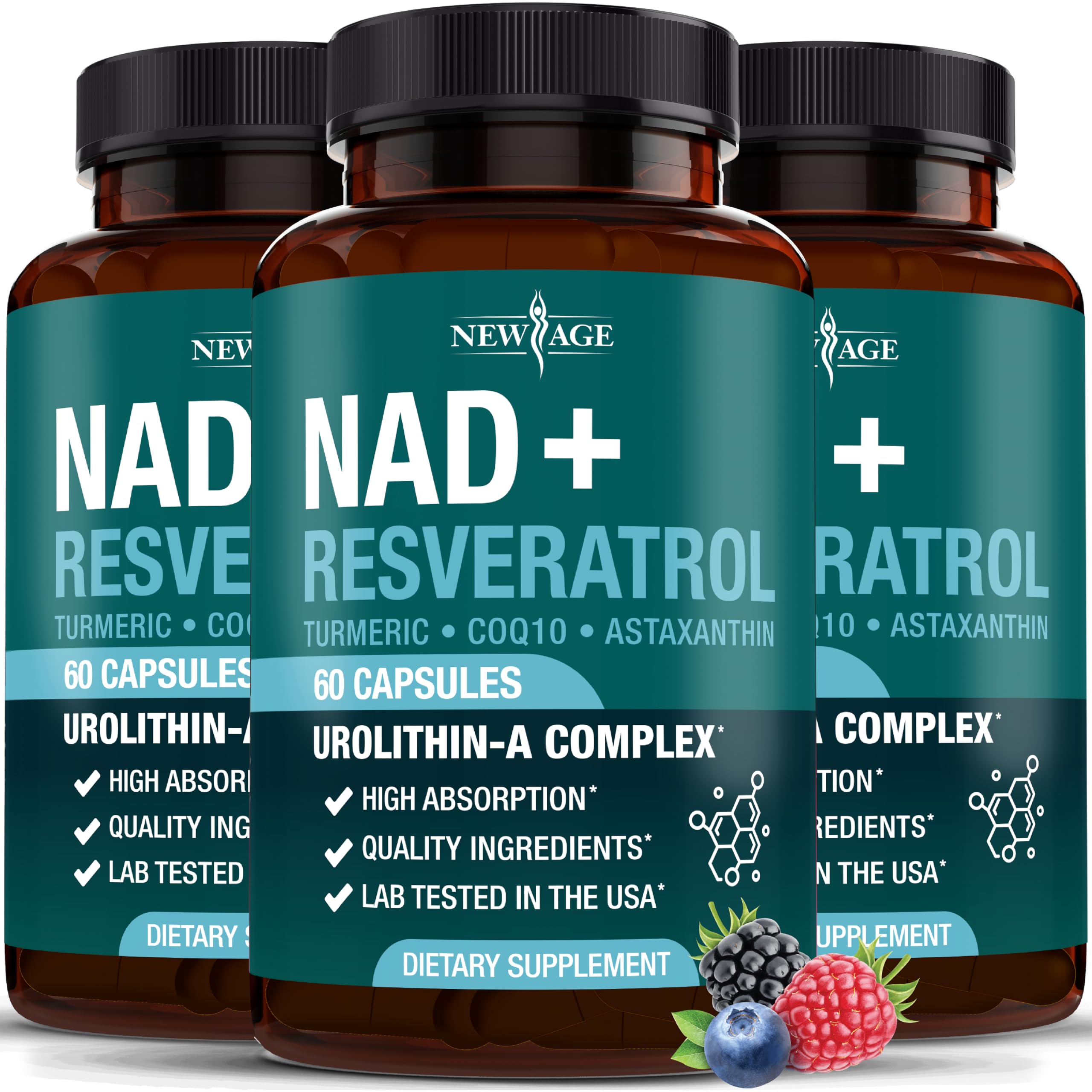 NEW AGE NAD+ bottle close-up showcases the 300 mg formula for daily energy support.