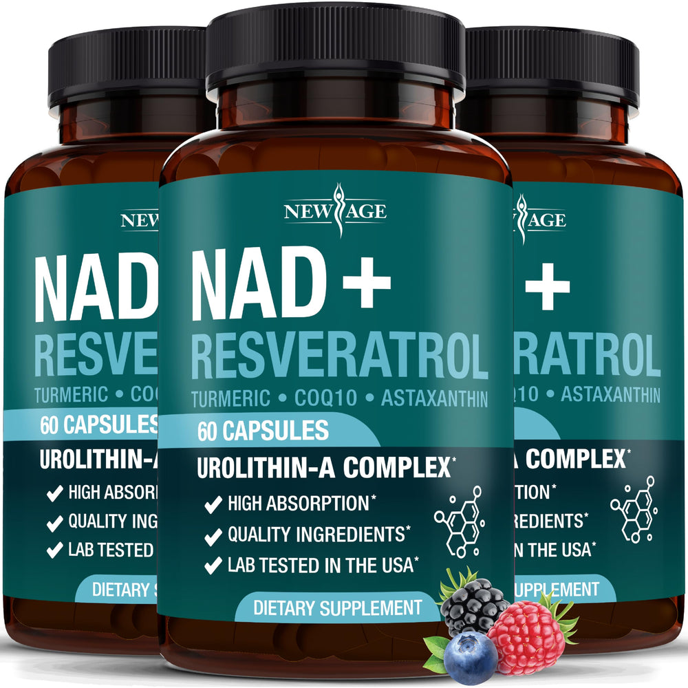 NEW AGE NAD+ bottle close-up showcases the 300 mg formula for daily energy support.