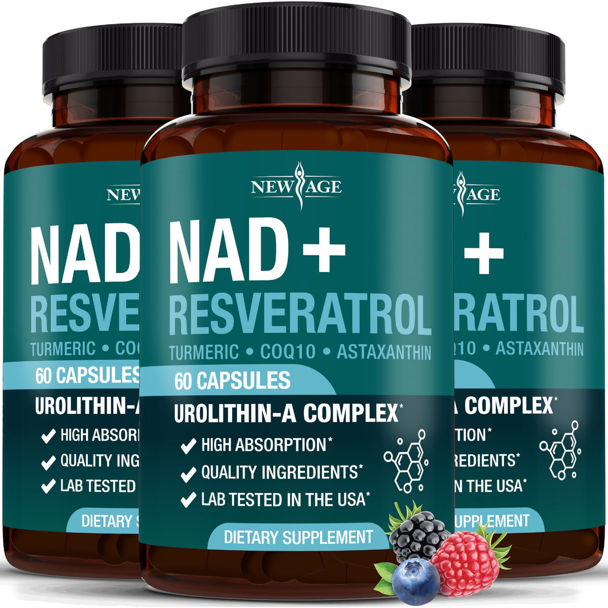 NEW AGE NAD+ bottle close-up showcases the 300 mg formula for daily energy support.