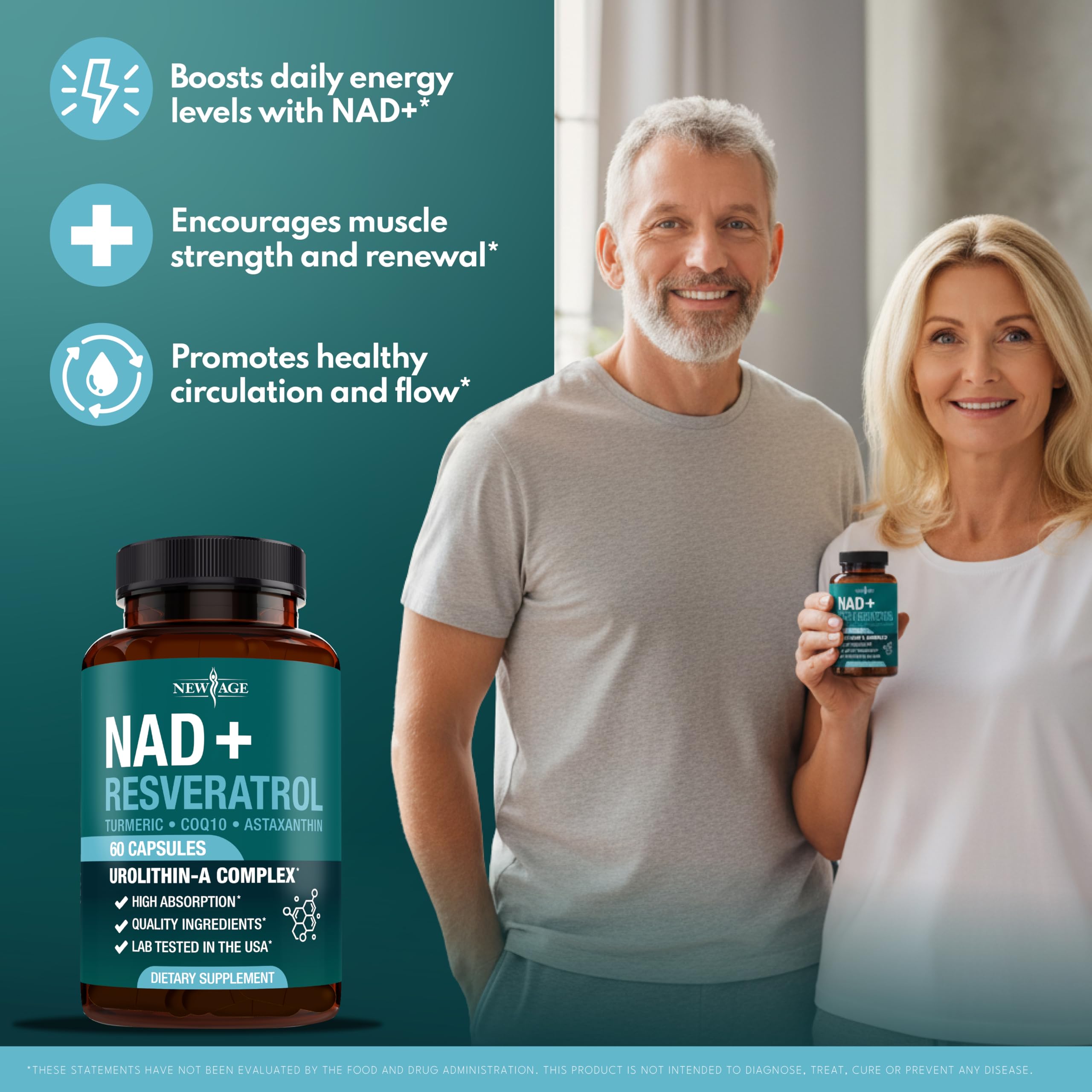 NEW AGE NAD+ ingredient panel highlights astaxanthin, resveratrol, and CoQ10 in one blend.