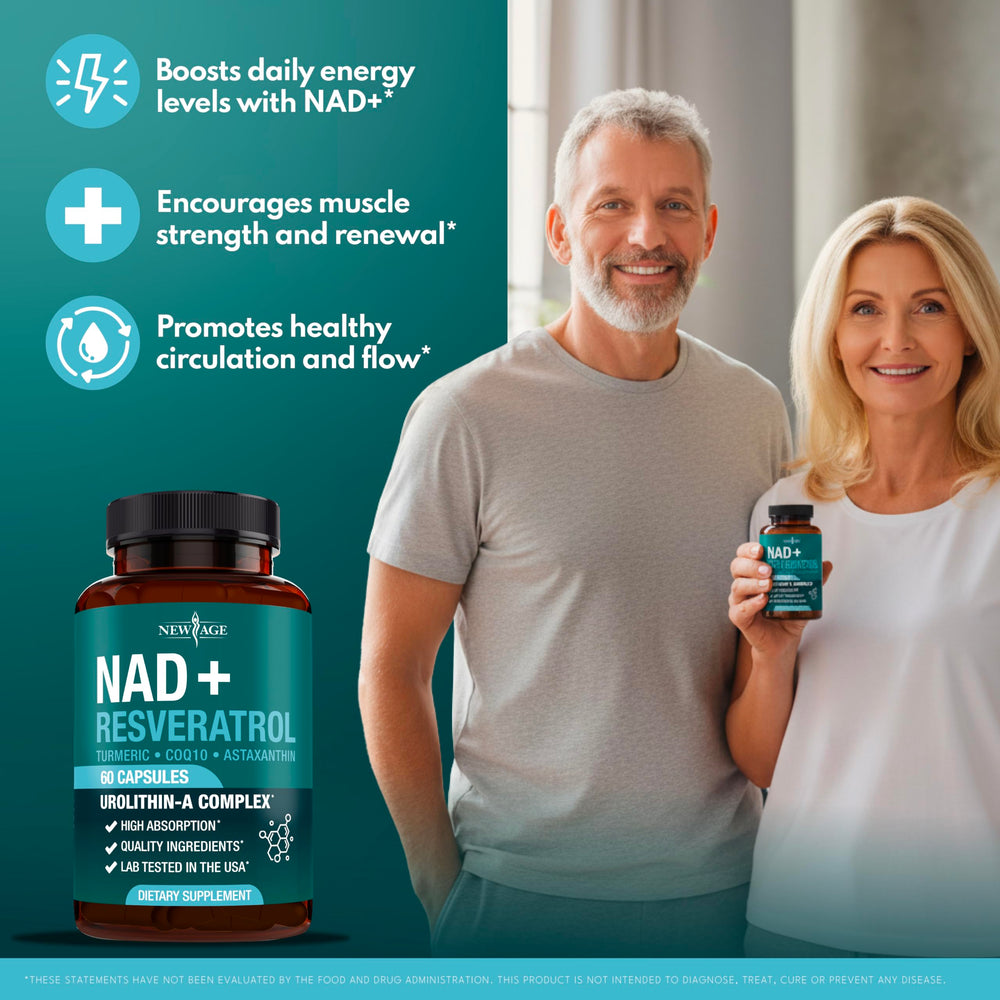 NEW AGE NAD+ ingredient panel highlights astaxanthin, resveratrol, and CoQ10 in one blend.