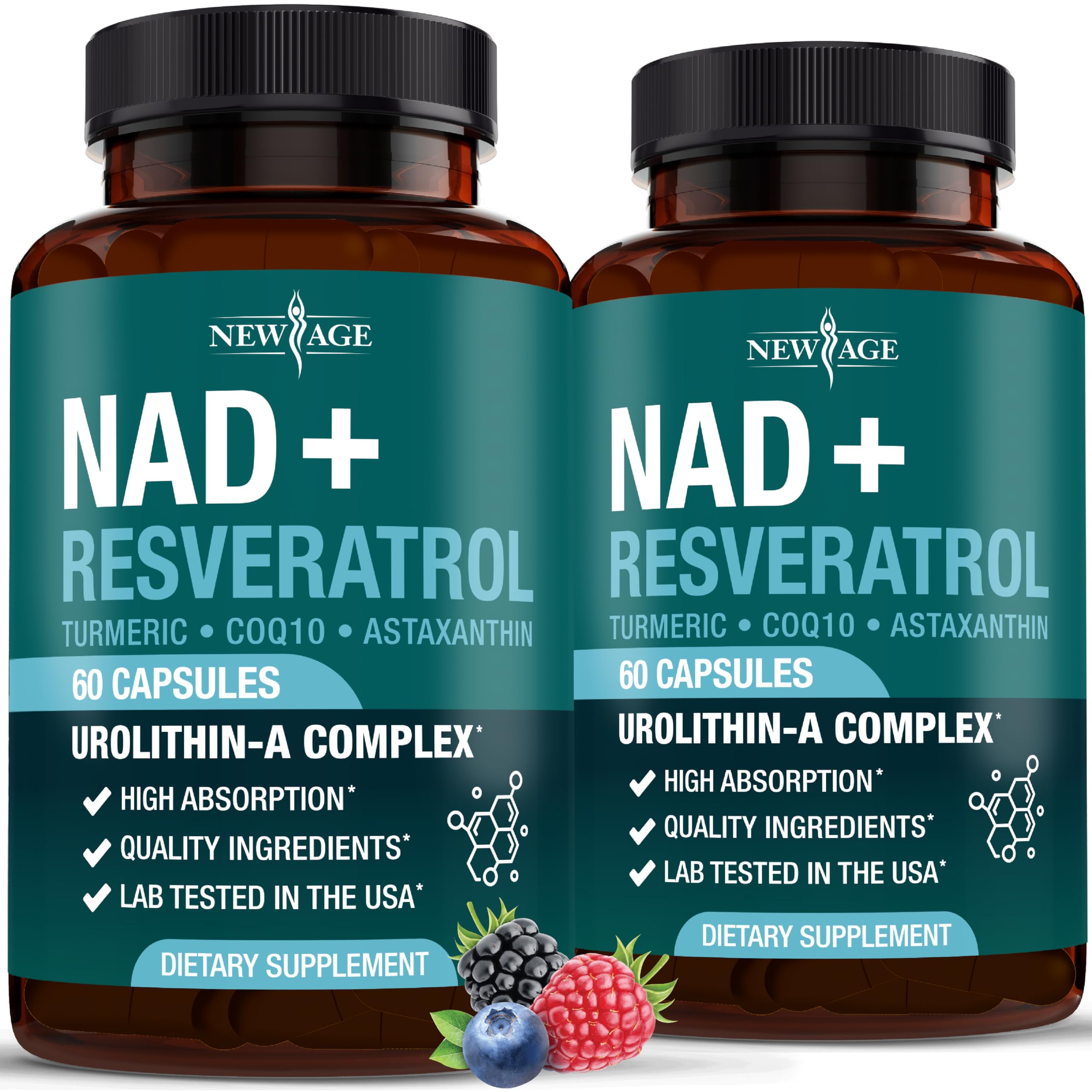 New Age NAD bottle front shows 300 mg NAD per serving for potential energy support