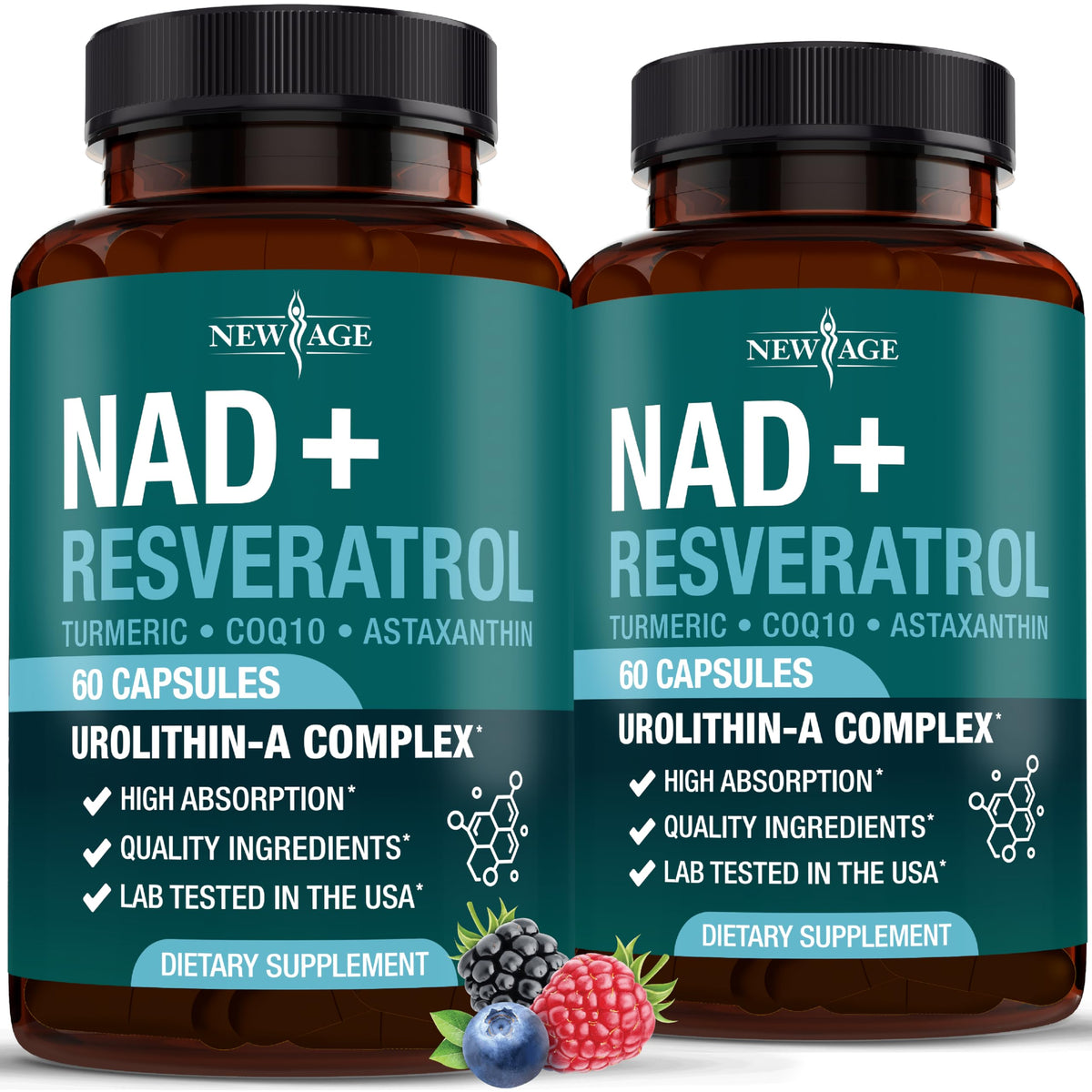 New Age NAD bottle front shows 300 mg NAD per serving for potential energy support