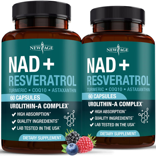 New Age NAD bottle front shows 300 mg NAD per serving for potential energy support