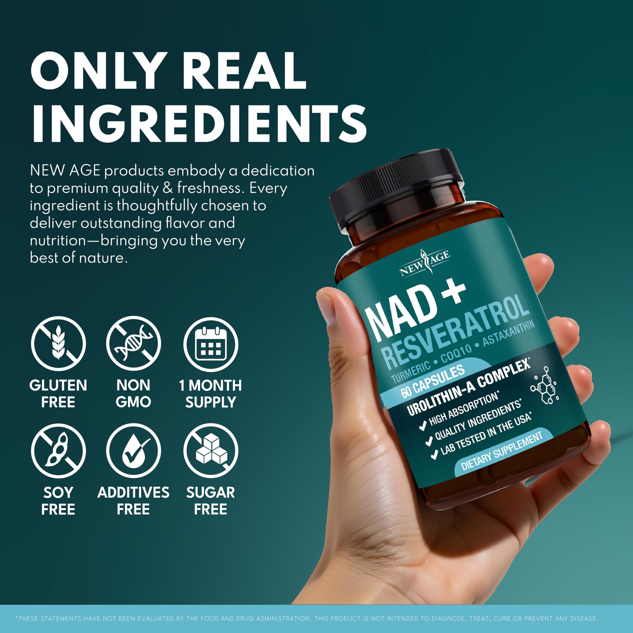 New Age NAD icons highlight vegan and non-GMO status for mindful choices