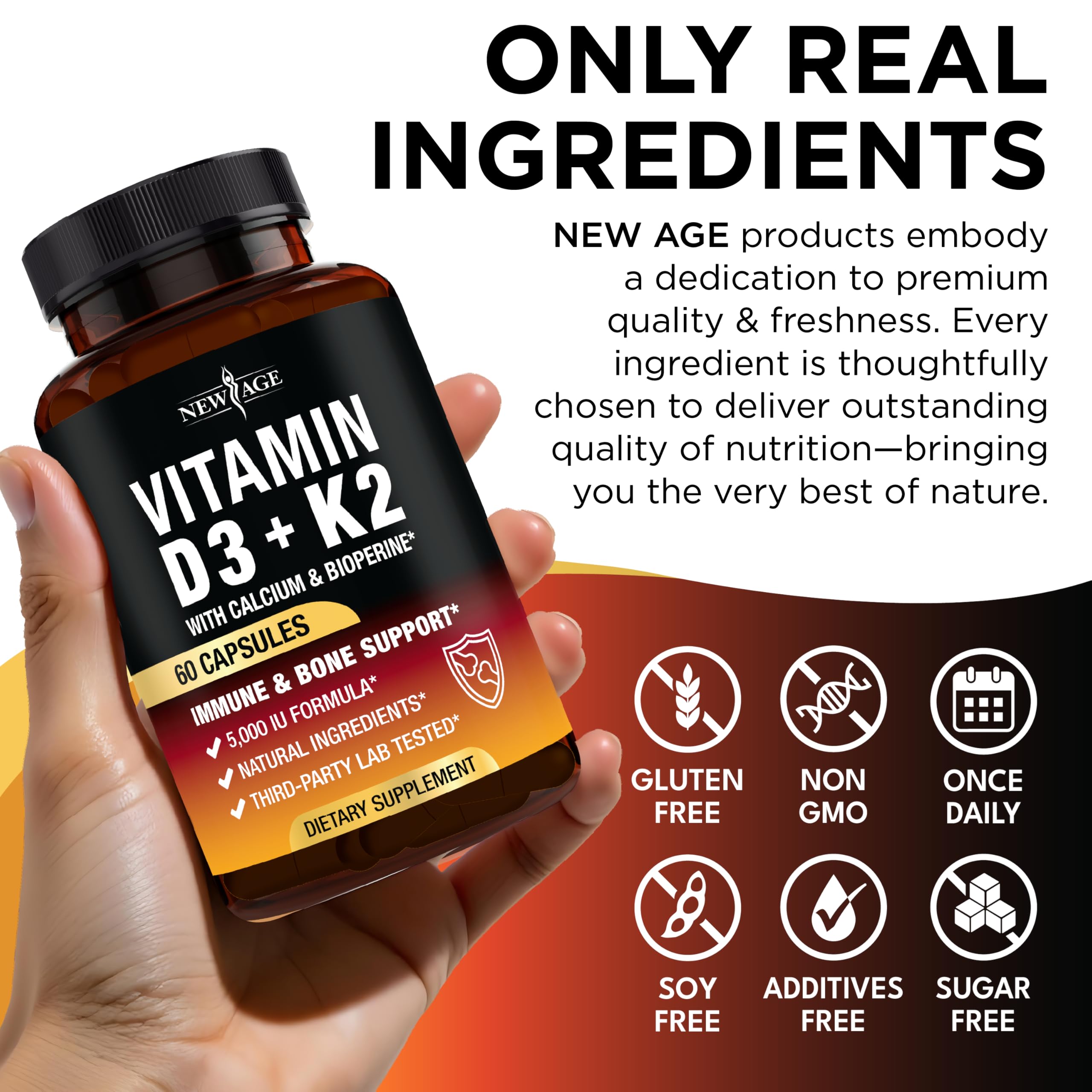 NEW AGE Non-GMO Project Verified label emphasizing quality standards.
