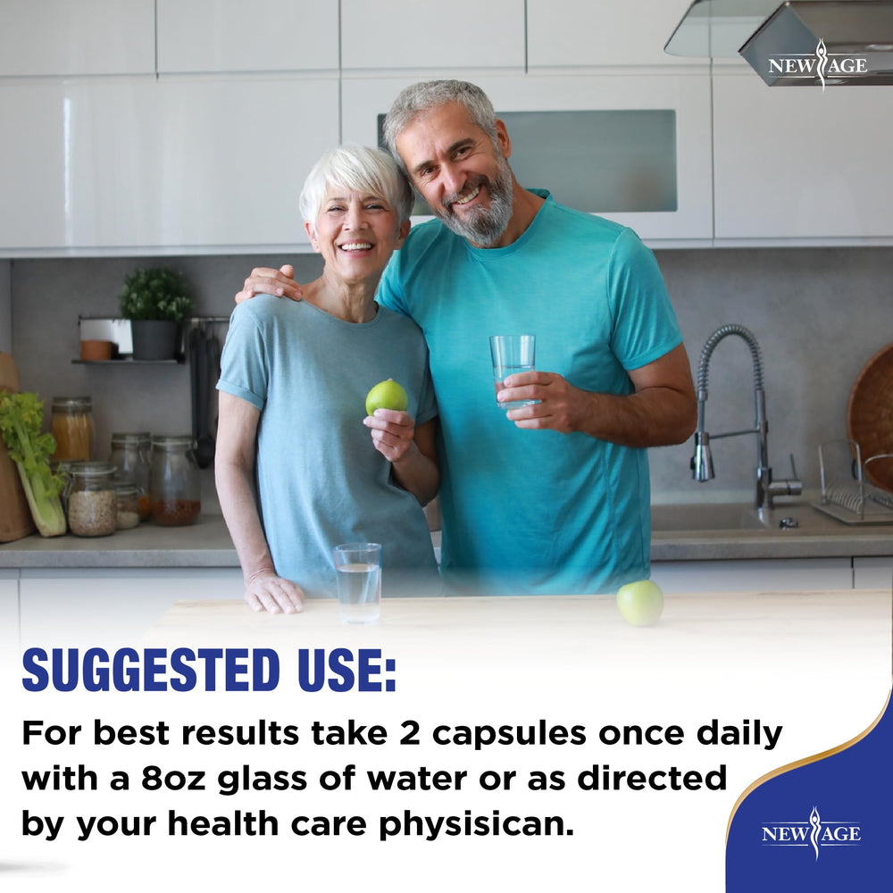 NEW AGE supplement jar shows vegetarian, non-GMO promise for everyday use.