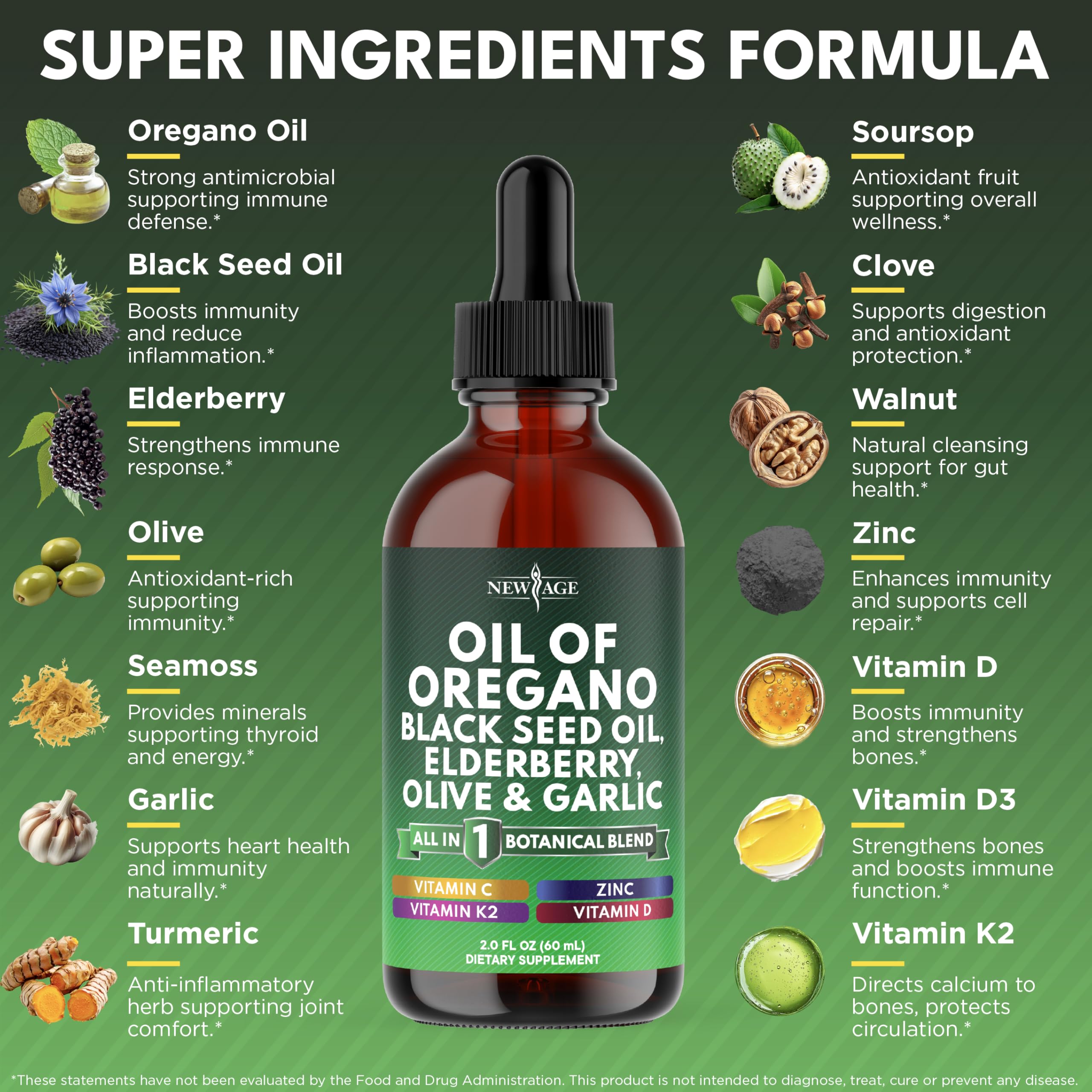 NEW AGE Oil of Oregano Drops label close-up featuring elderberry and zinc benefits.